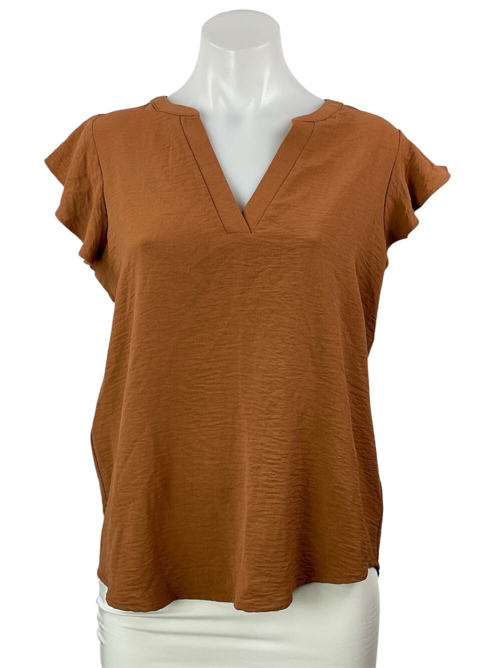 Adrianna Papell Women's Brown V Neck Flutter Sleeve High Low Blouse Top Size S